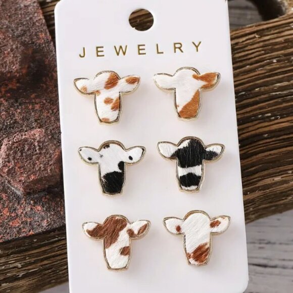 Three Pair Stud Earring Set - Western Style Cow print - NEW - Picture 1 of 2